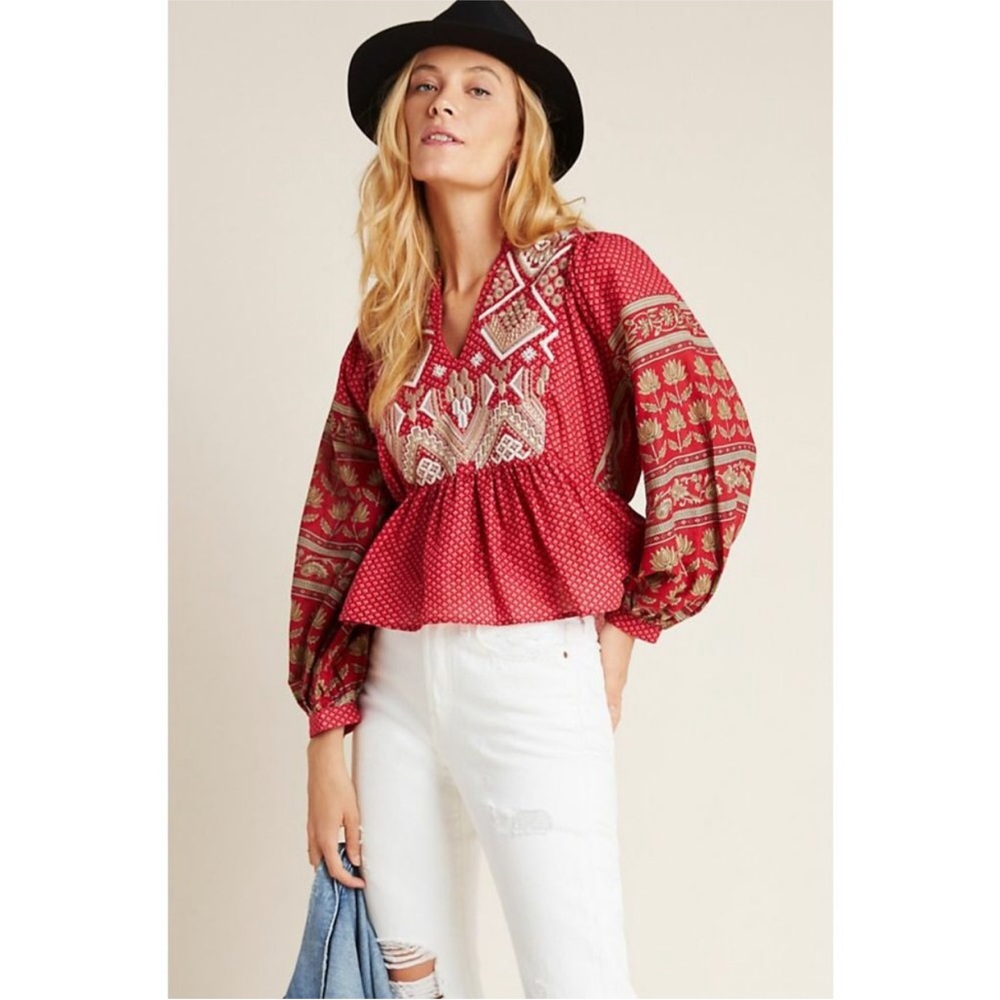 Anthropologie Kiera Embroidered Peplum Blouse